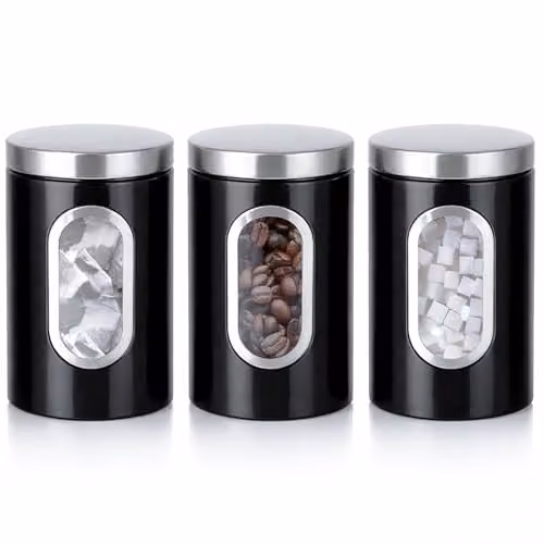 Innoteck 3 Piece Airtight and Leakproof Stainless Steel Kitchen Canister Set in Black
