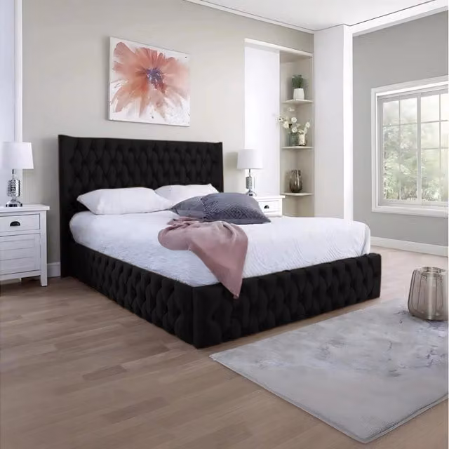 Desire Deco Chesterfield Upholstered Velvet Bed Frame, Black, W/D/H: 140 x 200 cm