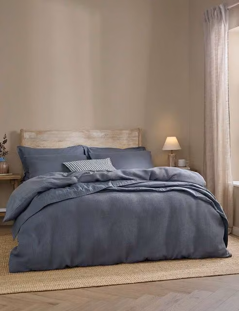 YARD Hebden Waffle Bedding Set in Blue Denim, Pure Cotton Percale, W: 140 cm, L: 200 cm