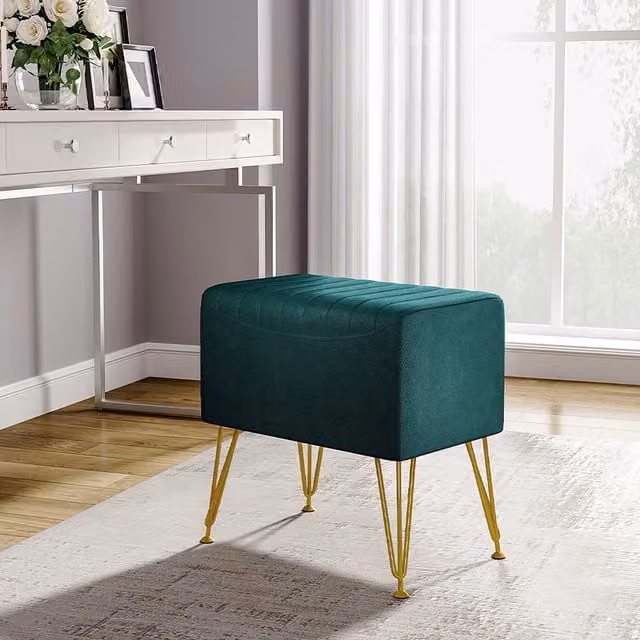 Livingandhome Striped Velvet Upholstered Rectangular Footstool with Golden Hairpin Legs, Green