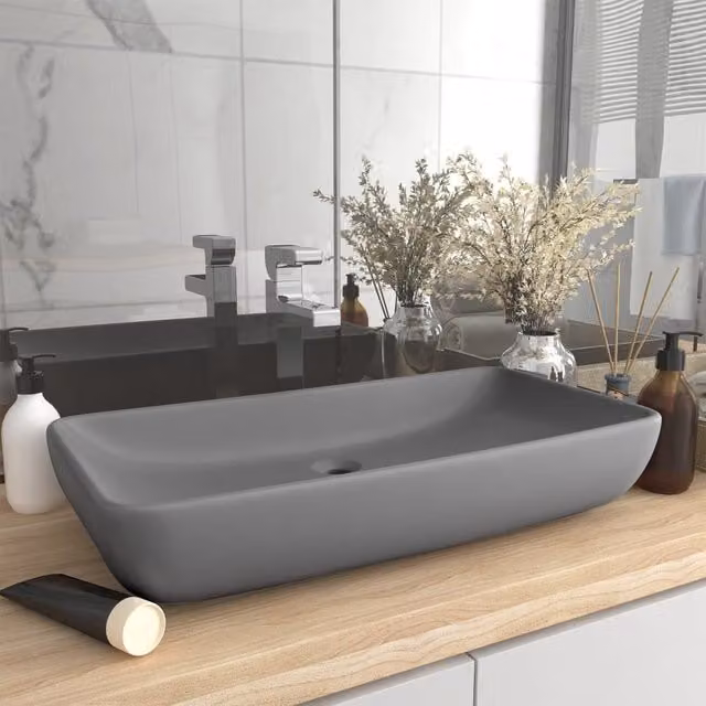 Berkfield Home Luxury Rectangular Ceramic Countertop Basin in Matt Light Grey, W: 71 cm, D: 38 cm, H: 13.5 cm – 1