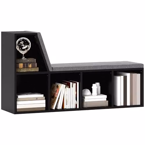 HOMCOM Modern Geometric Black Bookcase Storage Shelf with Cushioned Reading Seat, W/D/H: 108 x 30 x 60 cm