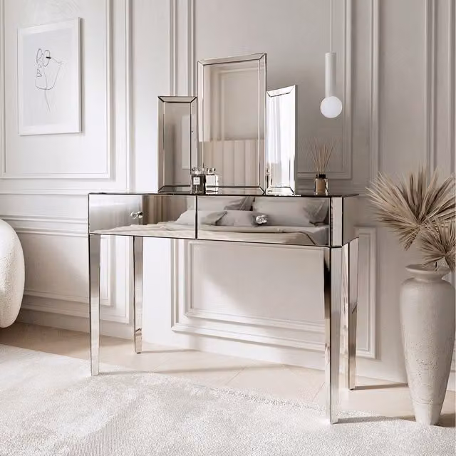 CARME Silver Glamour Tri-Fold Mirrored Dressing Table with Glass Top