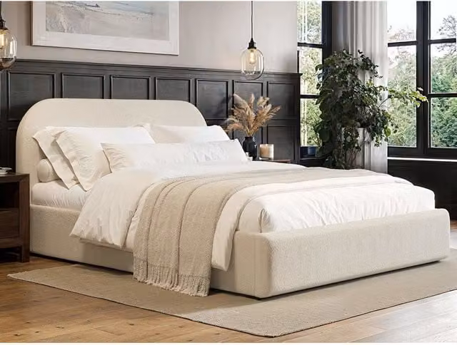 Flair Modern Upholstered Bouclé Ottoman Bed in Beige and White, W: 140 cm, L: 200 cm
