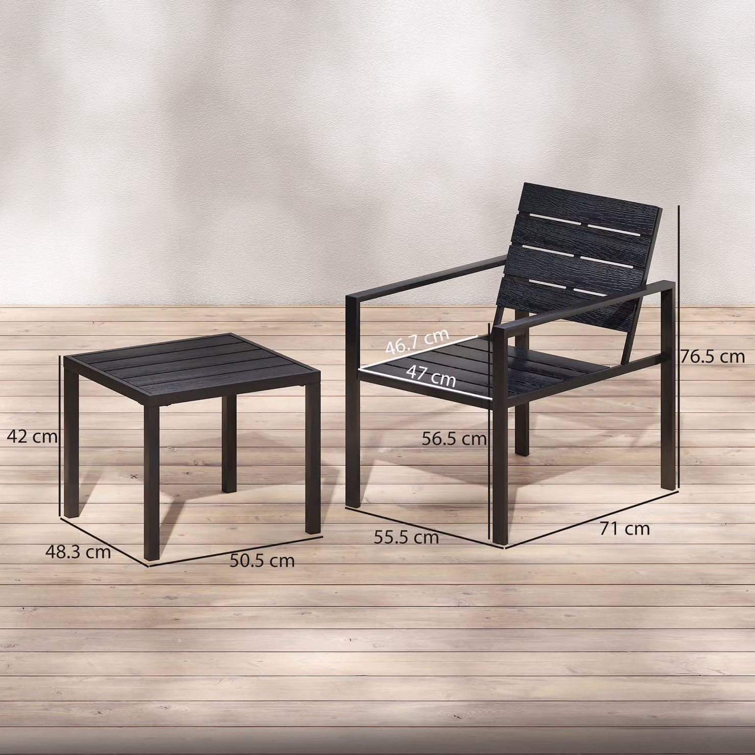 Outsunny 3 Piece Garden Bistro Set for 2, Black Modern Outdoor Patio Furniture Set with Square Metal Table and Plastic Chairs – 3