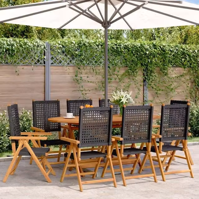 Berkfield Home 8 Piece Reclining Garden Chair Set in Black Poly Rattan and Acacia Wood – 1
