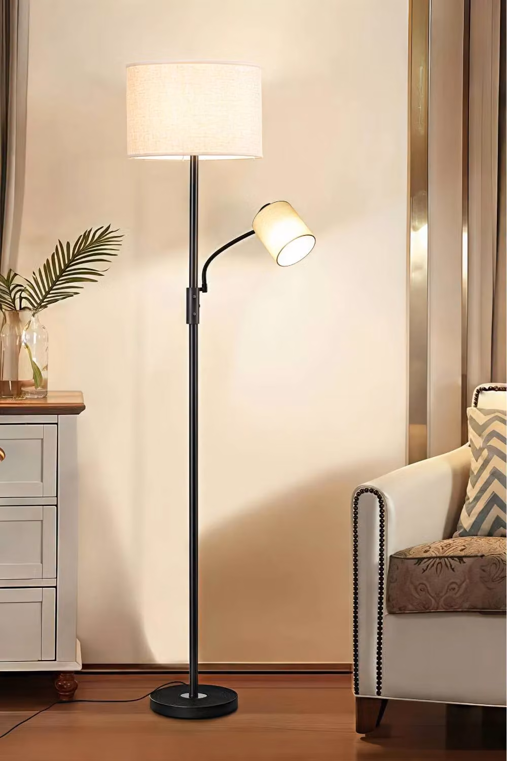 Living and Home 2 Light Adjustable Floor Lamp in Black and Multicolour with Fabric Shades – 3