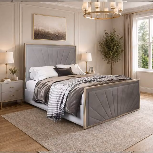 Casani Somerford Double Upholstered Velvet Bed Frame in Grey with Metal Details, W/D/H: 140 x 200 x 137 cm – 1