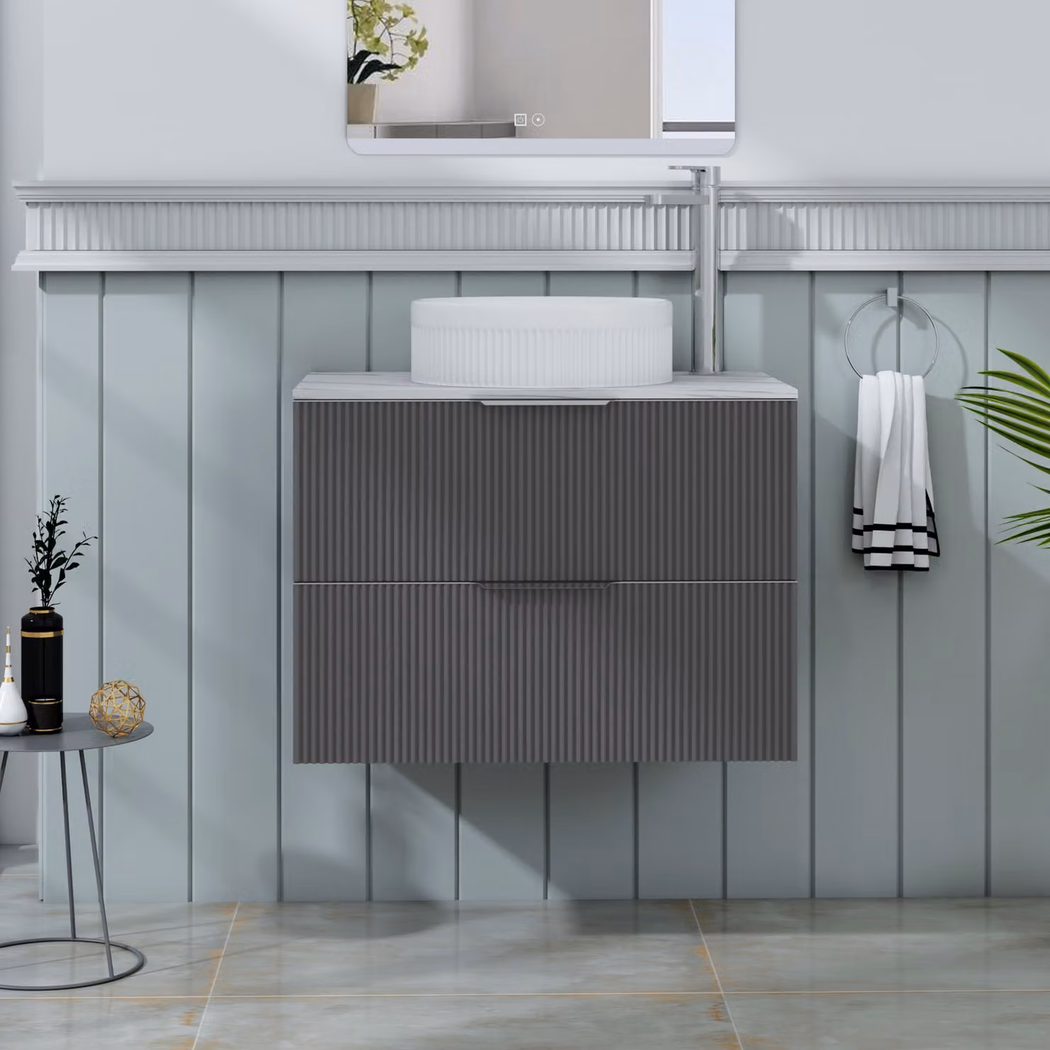 Royal Bathrooms Evora 700mm Graphite Grey Fluted Wall Hung Countertop Vanity Unit with 2 Drawers and Round Basin