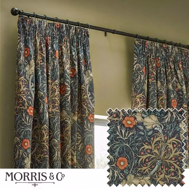 Morris & Co Seaweed Printed Velvet Room Darkening Pencil Pleat Curtains in Blue, Width: 228 cm, Drop: 137 cm