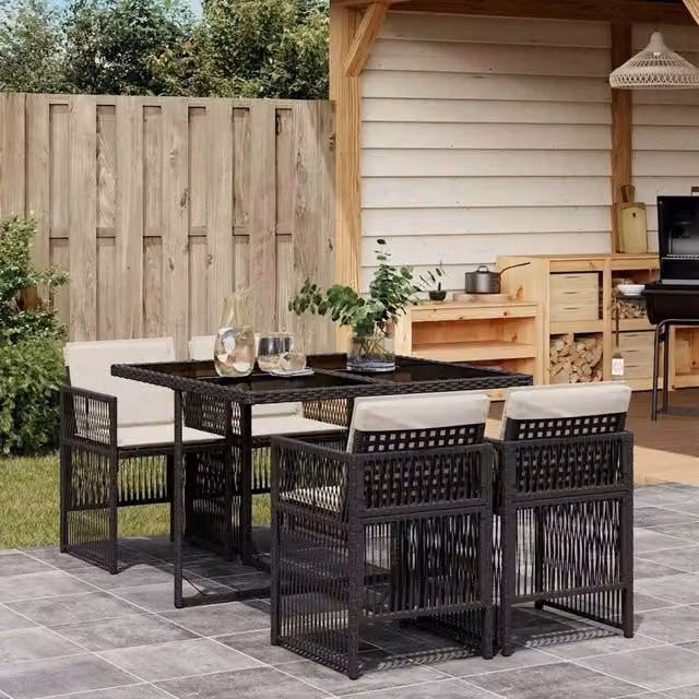 Berkfield Home Modern Polyrattan Garden Dining Set in Black and White with Glass Top – 1