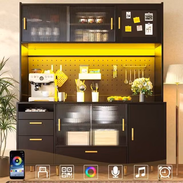 Merax Black Modern Kitchen Pantry Cabinet with Integrated Lighting and Sliding Glass Doors, H 180 x W 40 x D 40 cm