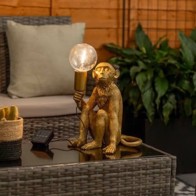 ValueLights Solar Powered Gold Monkey Garden Ornament Table Lamp, H 35.5 cm x W 23.0 cm x D 22.0 cm