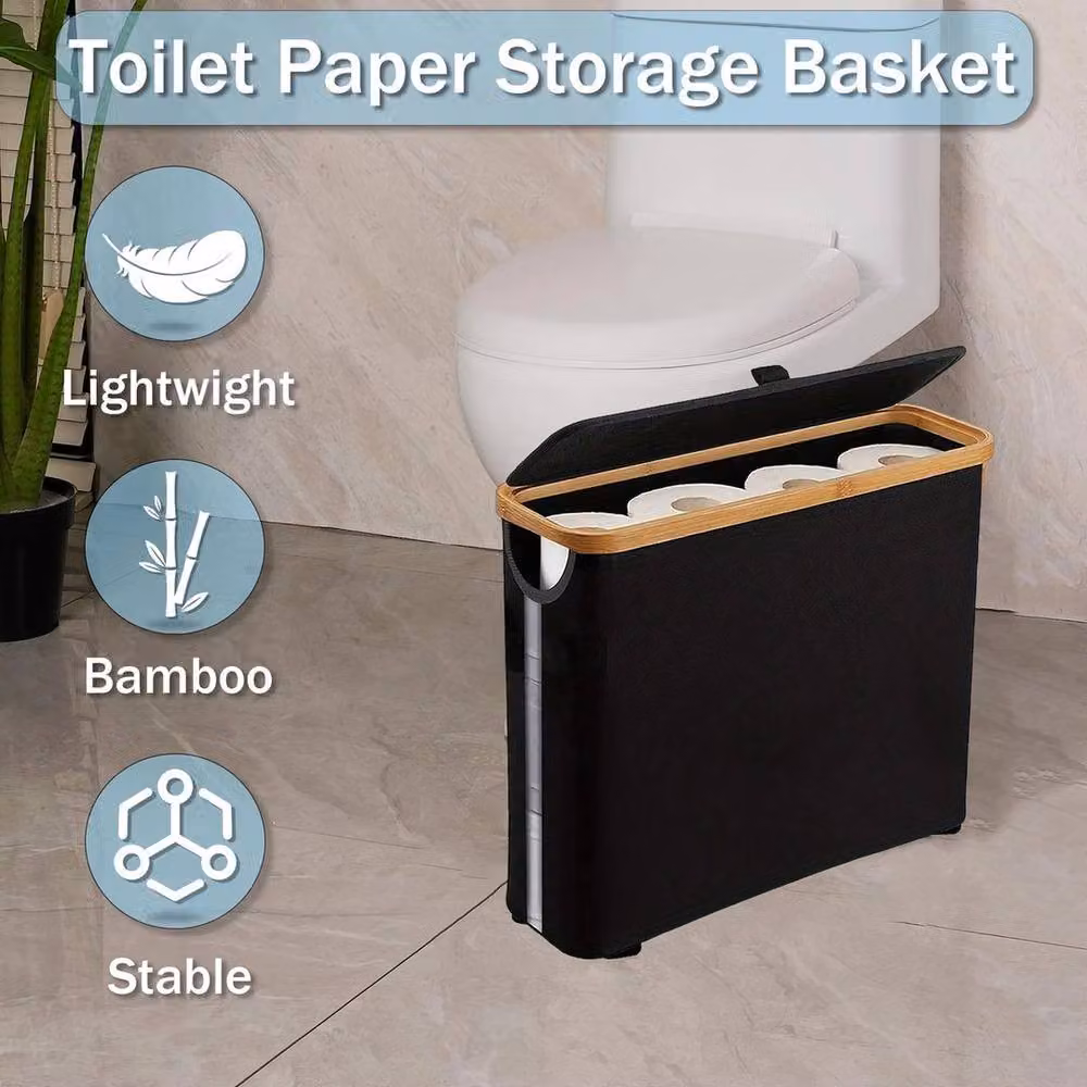 Kelvenix Black Bamboo Toilet Paper Storage Basket with Lid – 4