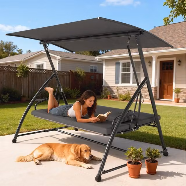 Outsunny 3 Seater Garden Hammock Bed with Sun Canopy and Cushions, Grey