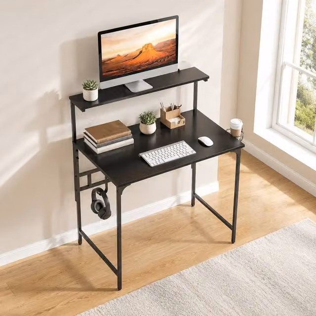 STILVORA Modern Computer Desk with Shelving in Black Finish – 1