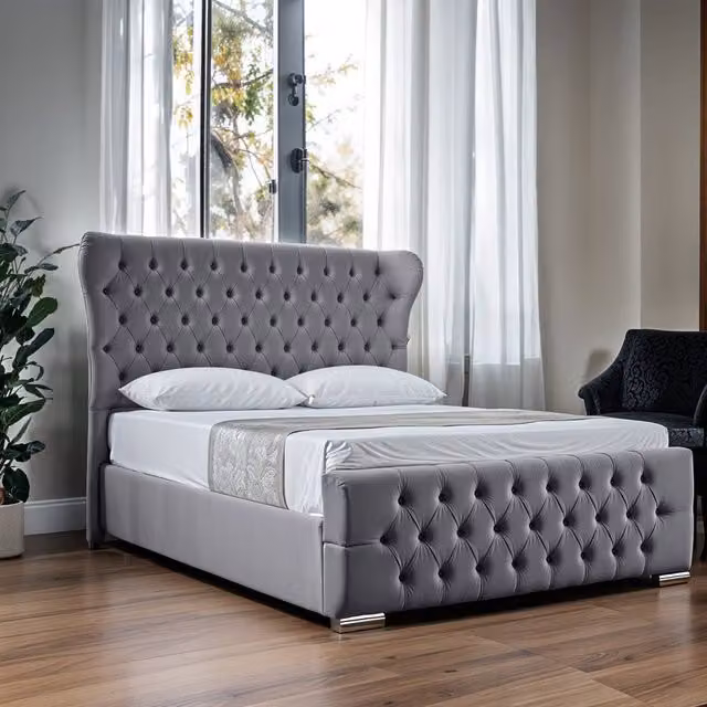 UK Bed Furniture Isabella Upholstered Slatted Base Bed with Wingback Headboard in Grey, W/D/H: 90 x 190 cm – 1