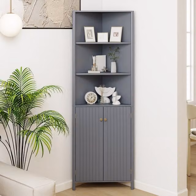 Costway Modern Grey Corner High Cabinet with Hinged Doors and Internal Shelves