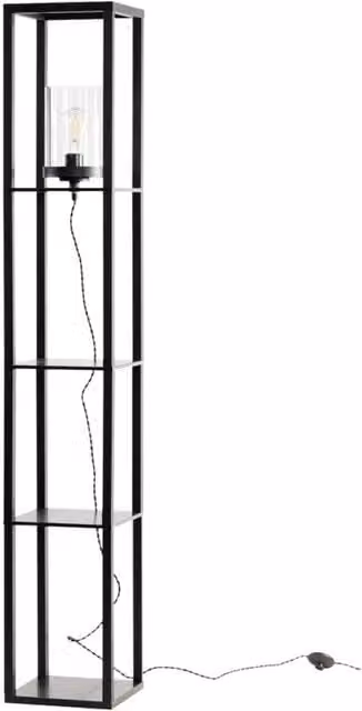 First Choice Lighting Giles Shelved Unit Floor Lamp with Black Wood and Transparent Glass Shade, H 160.5 cm x W 26 cm x D 26 cm – 1