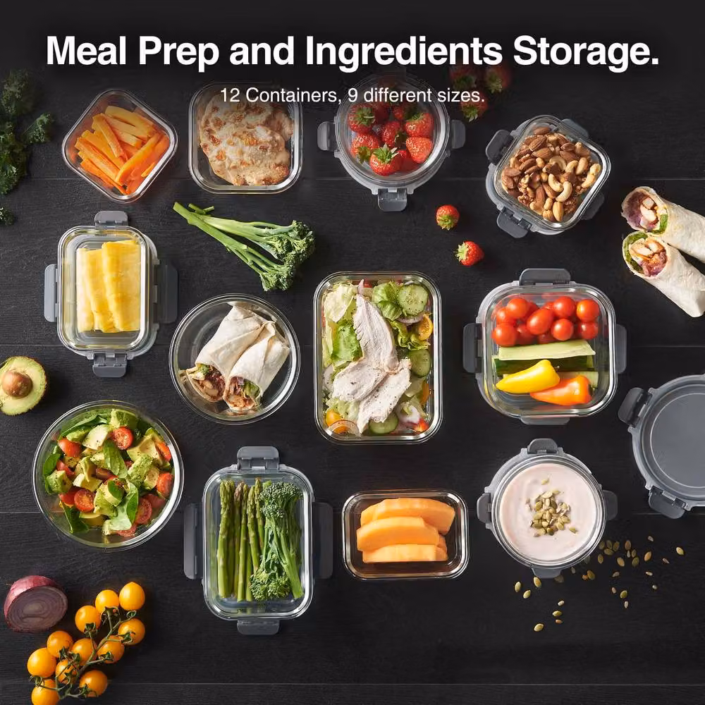 VonShef 12 Piece Glass Meal Prep Food Storage Containers with Airtight Snap Lids, Transparent – 2