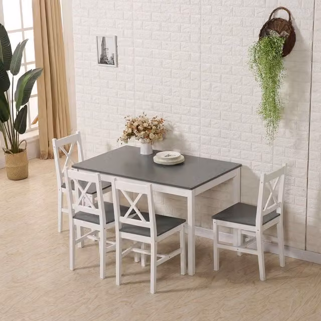 Westwood Modern Rectangular Solid Pine Dining Table and 4 Chairs Set in Grey