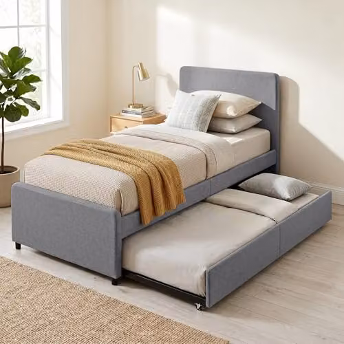 HOMCOM Upholstered Single Bed Frame with Trundle in Grey, W/D/H: 90 x 190 x 95 cm – 1