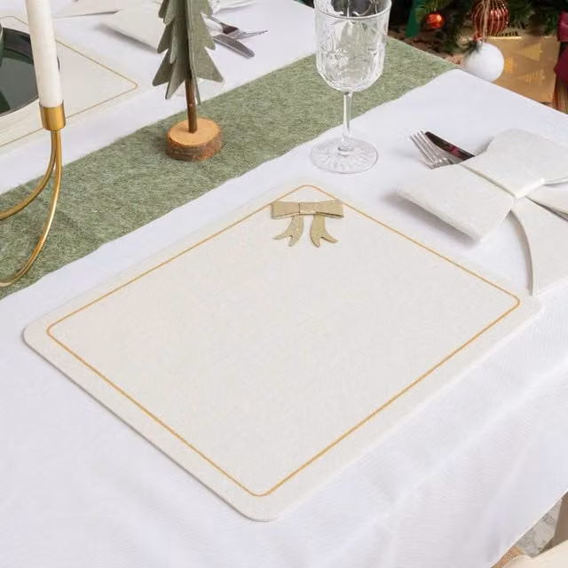 Melody Maison Set of 4 White and Gold Rectangular Felt Placemats with Bow Detail