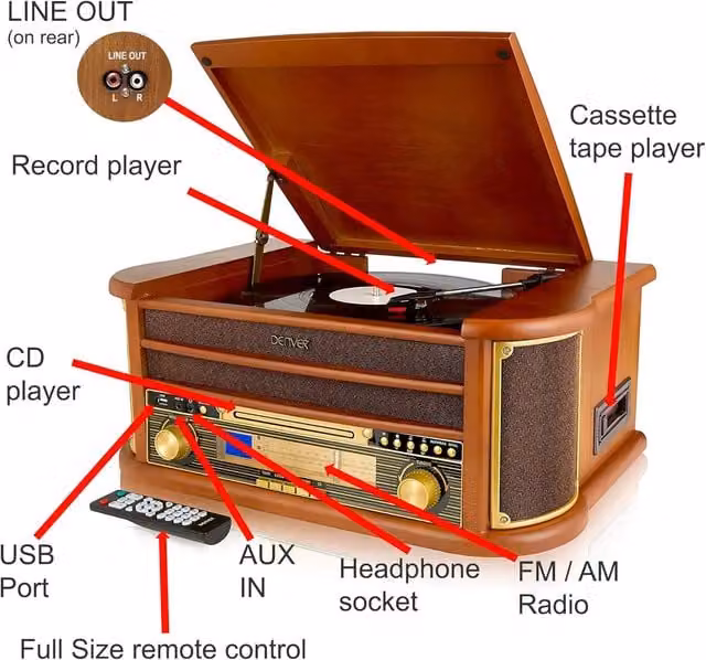 Denver Retro HiFi Record Player with CD, Cassette, FM Radio and USB in Brown Wood
