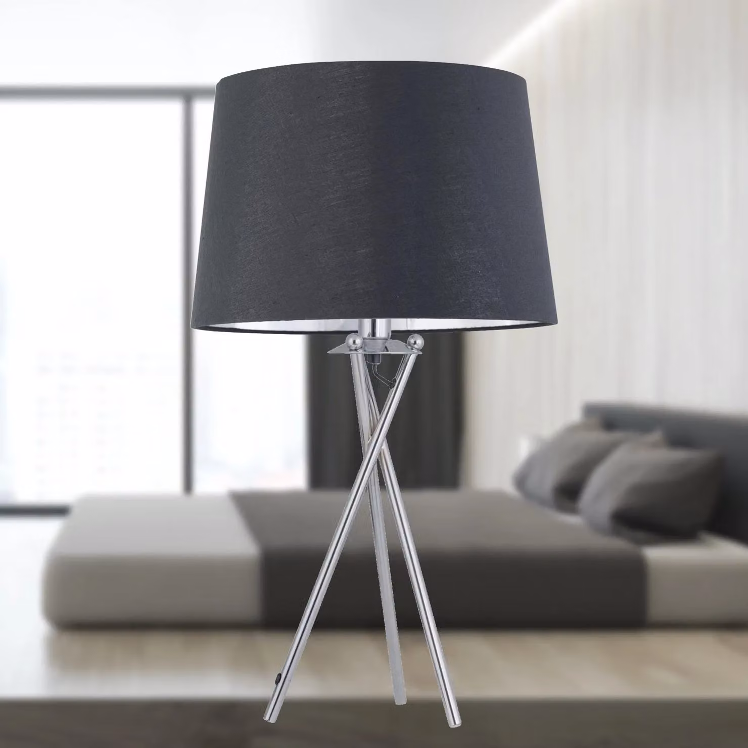 First Choice Lighting Set of 2 Chrome Tripod Lamps with Grey and Silver Fabric Shades – 4