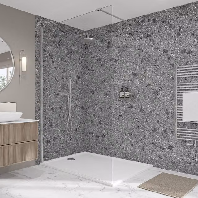 Wetwall Elite Double Post Formed Terrazzo Storm Shower Panel in Grey Stone Look