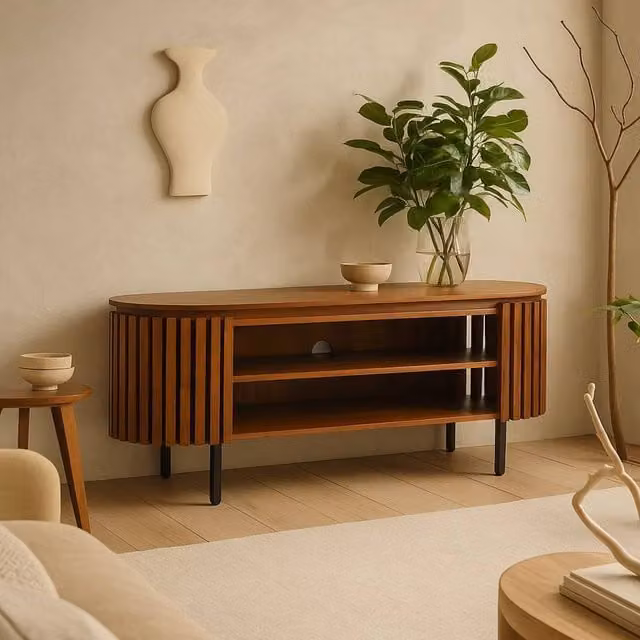 Wyld Haus Birmingham Modern Slatted Mango Wood TV Cabinet in Brown and Black, W: 140.0 cm, D: 40.0 cm, H: 55.0 cm