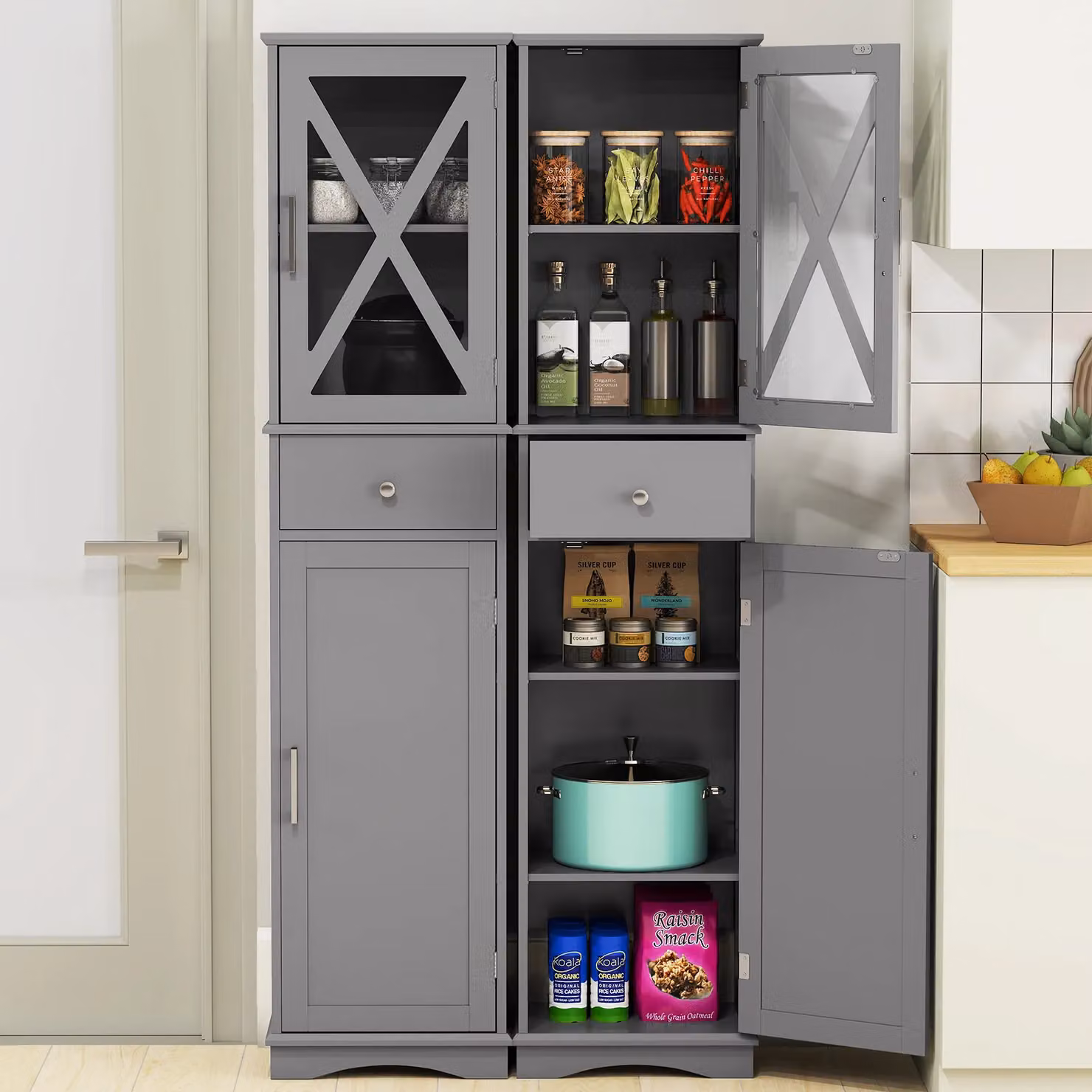 Gymax Freestanding Tall Narrow Storage Cupboard with Glass Doors in Grey and Gold – 3