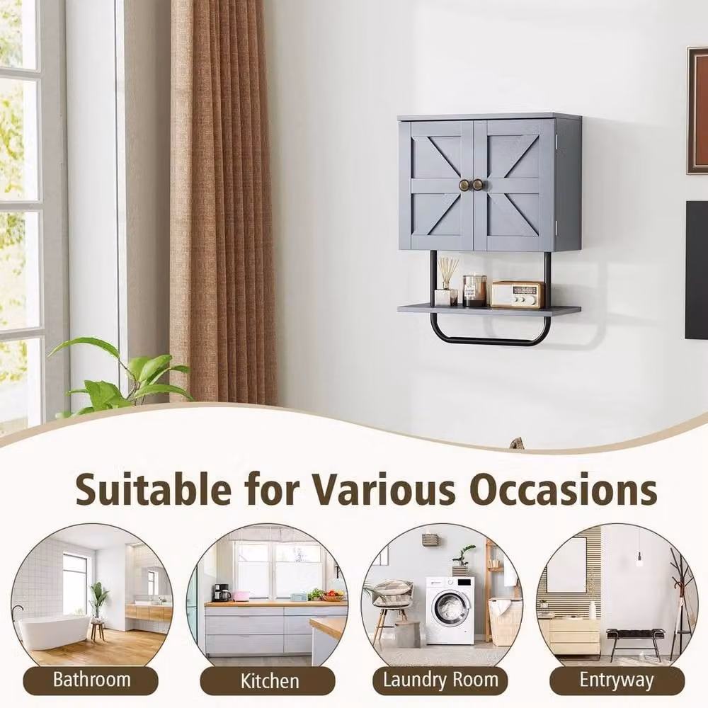 KORVIXA Grey Wall-Mounted Minimalist Bathroom Medicine Cabinet with Mirror and Internal Shelves