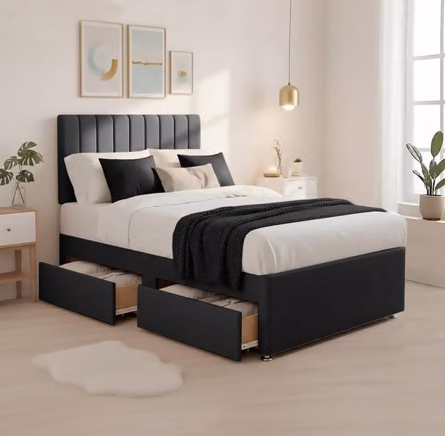 Bed Time UK Luxe Hybrid Divan Bed with 20in Headboard and 2 Drawer Storage, Black, W/D/H: 90 x 200 cm