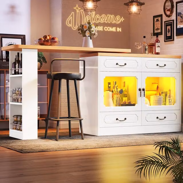 Aosom UK 360 Degree Rotating Extendable Kitchen Island Bar Table with App-Controlled LED Lights, Music Sync and 4 Drawers, White, W: 135 cm, D: 39 cm, H: 93 cm – 1