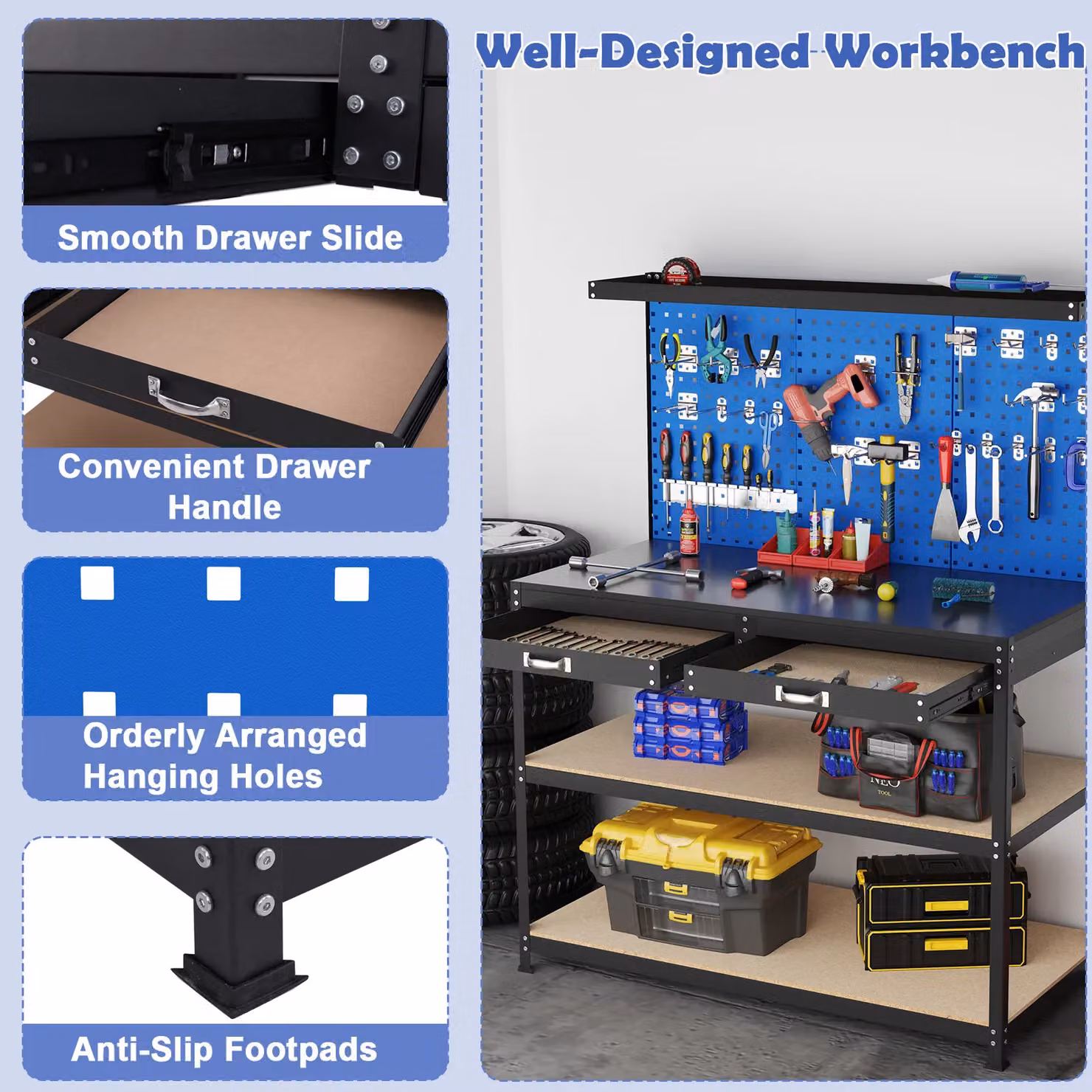 Gymax Metal Workbench with Large Pegboard and Shelves, Blue, W: 121 cm, D: 61 cm, H: 156 cm – 5