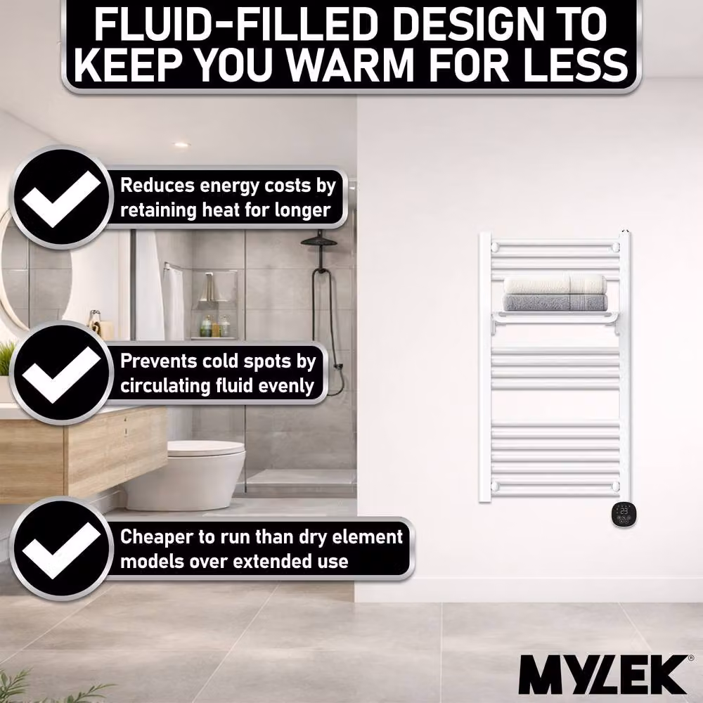 MYLEK Smart Electric Towel Rail Radiator with Shelf, 500W, White, WiFi and App Control – 4