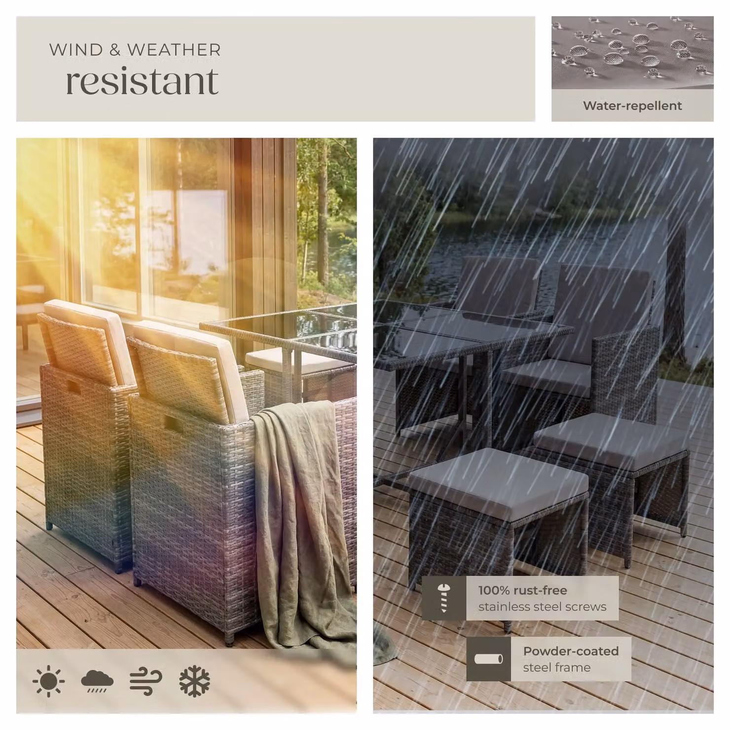 tectake Bilbao Garden Table and Chairs Set in Grey Rattan with Glass Top – 5