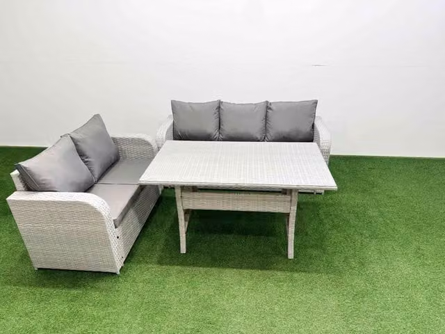 Fimous 5 Seater PE Rattan Wicker Garden Furniture Set with Rectangular Dining Table and 3 Seater Sofa and Love Seat in Light Grey