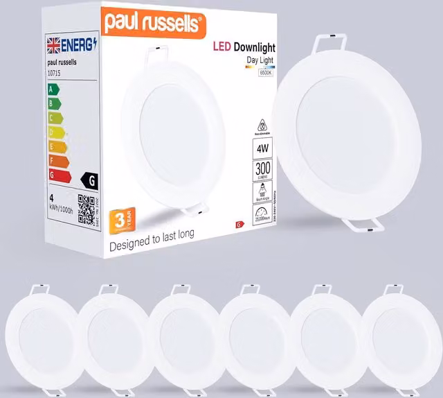 Paul Russells 4W Round Recessed LED Downlight, 300lm, 6500K Cool White, IP20, White