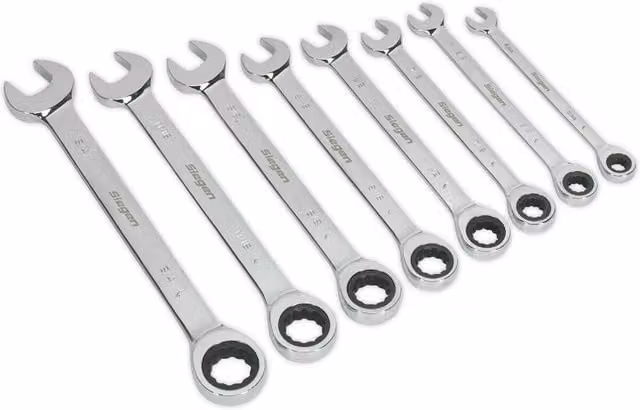 Loops 8pc Slim Handled Combination Spanner Set, 12 Point Imperial Ring Open End Head, Silver and Multicolour – 1