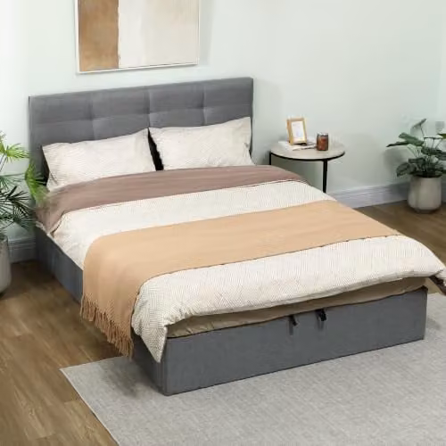 HOMCOM King Ottoman Bed with Gas Lift and Tufted Linen Headboard, Grey, W: 150 cm, D: 200 cm, H: 194 cm