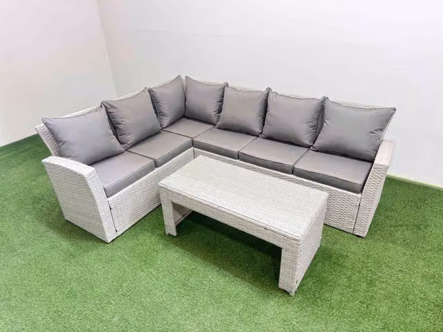 Fimous 6 Seater Outdoor Corner Sofa Set with Oblong Coffee Table in Light Grey