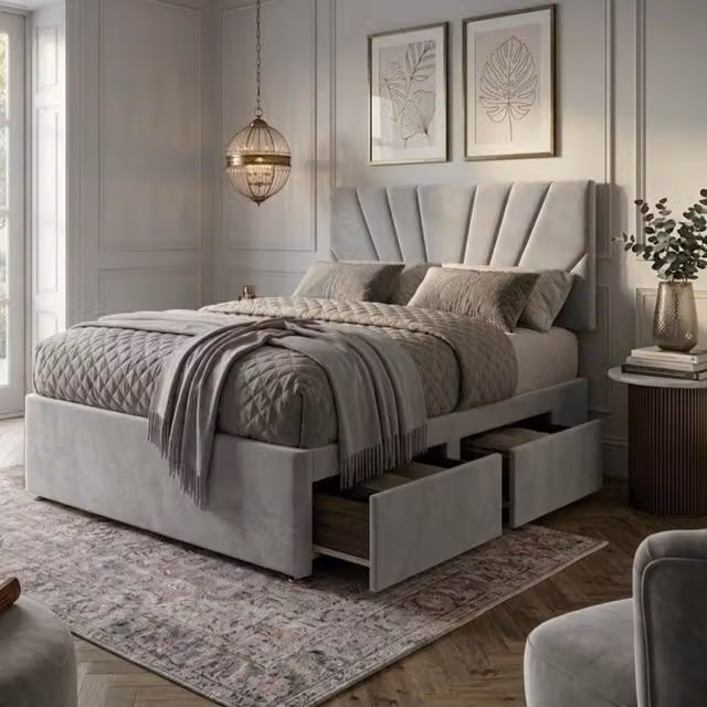 Bed Time UK Plush Divan Bed with 20 inch Sunrise Headboard, 2 Drawers and Mattress in Silver, Size: King, W/D/H: 180 x 200 cm