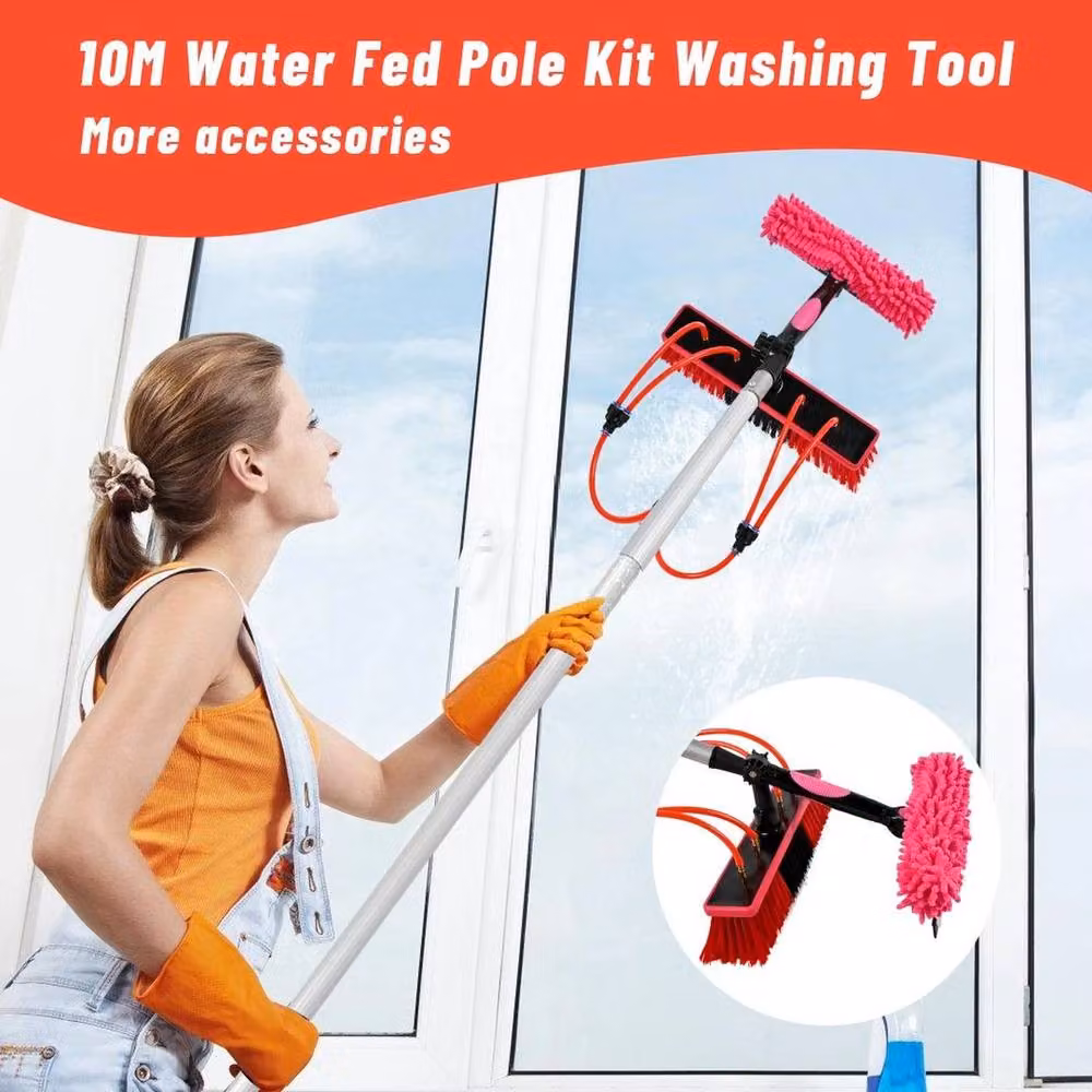 NESTLUNE Red Water Fed Pole Set for Solar Panel and Window Cleaning with Telescopic Aluminium Handle and Microfibre Brush – 4