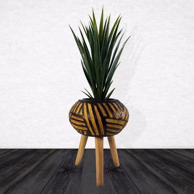Leaf Oval Bali Large Composite Planter with Stand in Brown and Yellow, W/D/H: 45 x 34 x 20 cm
