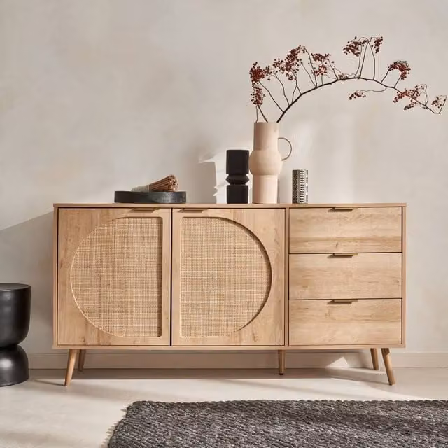Sweek Modern Wood and Rounded Cane Rattan Sideboard in Light Brown, Width: 150 cm – 1