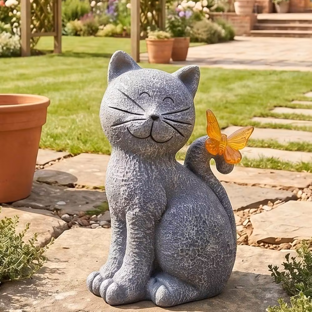 Emitto Cat Garden Ornament Solar LED Outdoor Resin Decor in Grey and Orange – 2