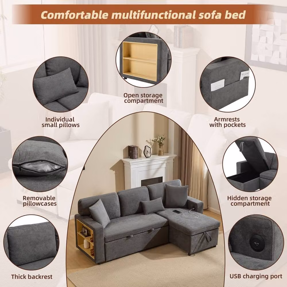 Merax 3-Seater L-Shaped Reversible Pull-Out Corner Sofa Bed with USB Charging and Scatter Cushions in Grey – 2