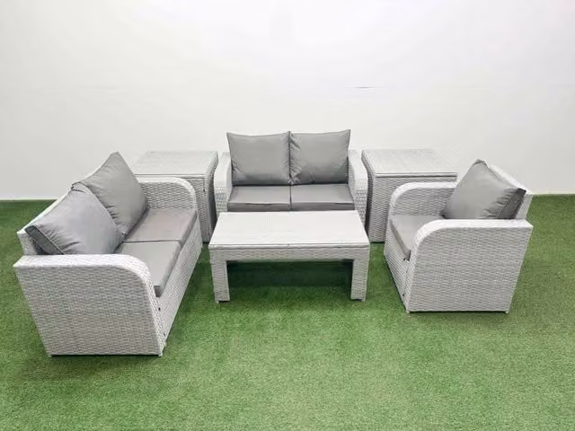 Fimous Grey Poly Rattan Garden Furniture Set with Reclining Chair, 2-Seater Sofa, Oblong Coffee Table and 2 Side Tables